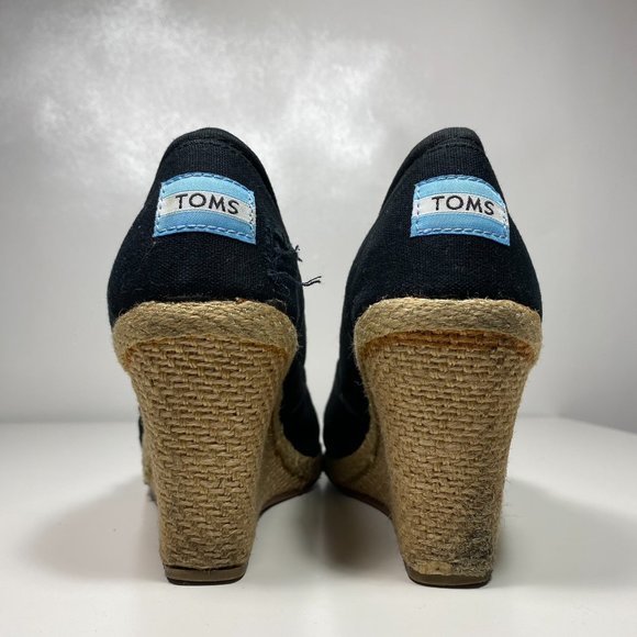 Toms Women Shoes Twill Espadrilles Cork Peep Toe Wedge Black Sz 7 - Picture 4 of 16